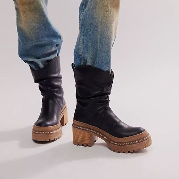 Free People Mel Slouch Leather Boot Black Chunky Sole 6.5 - Picture 1 of 10